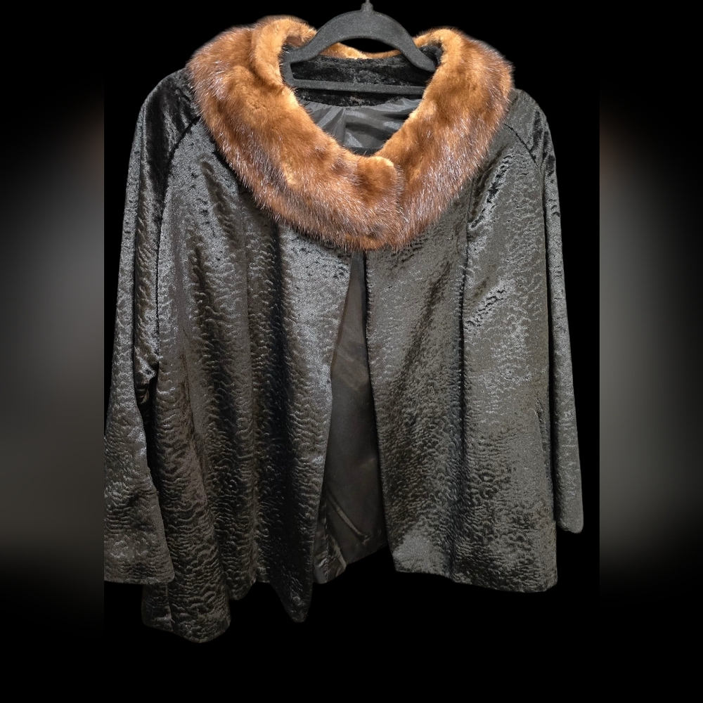 Vintage Black Persian Lamb Fur Jacket with a Brown Mink Fur Collar